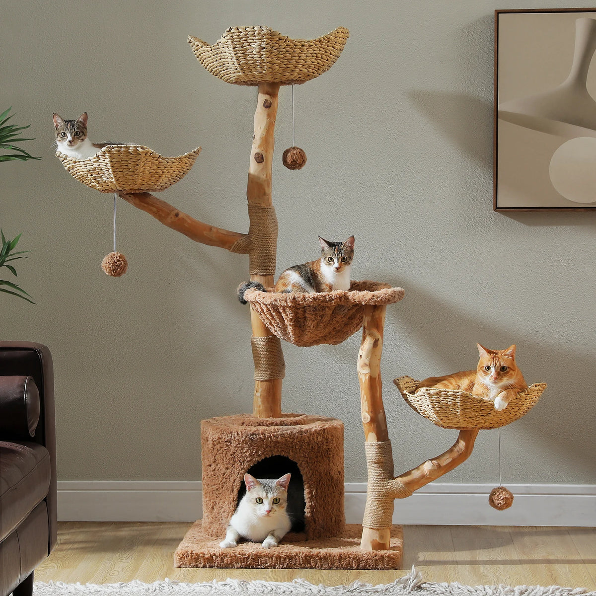 Large Cat Tree Tower with Sisal Scratching Post Wicker Basket Bed Flower Cat Condo Indoor Modern Cat Furniture Cat Accessories
