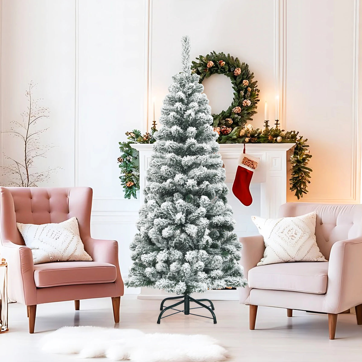 4. 5/ 6/ 7. 5 FT Snow Flocked Christmas Tree, Slim Hinged Pine Tree for Holiday Decoration, Home, Office, Party, Easy Assembly