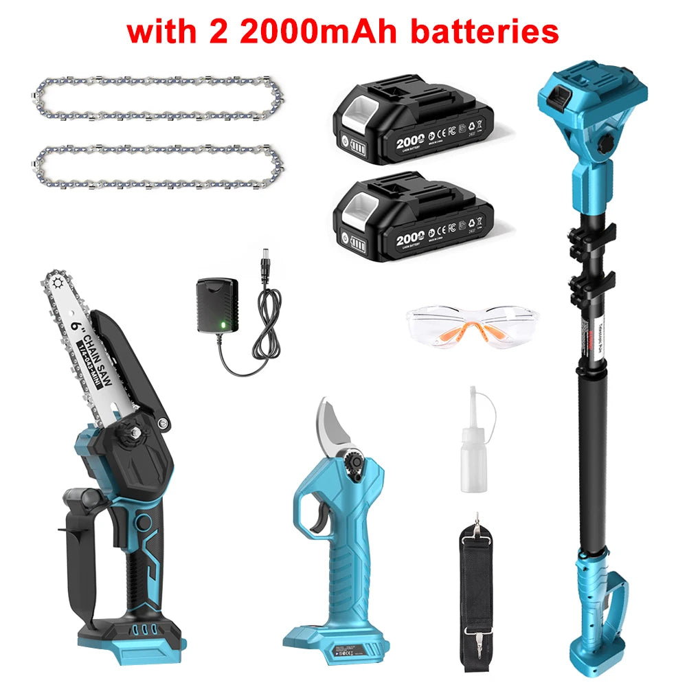 Taskstar 3-in-1 Brushless Pole Pruner & 6 Inch Cordless Chainsaw 30mm Electric Scissors Multi-Angle Adjustable Pole Saw for High Branches Pruning with 2 4.0Ah Batteries