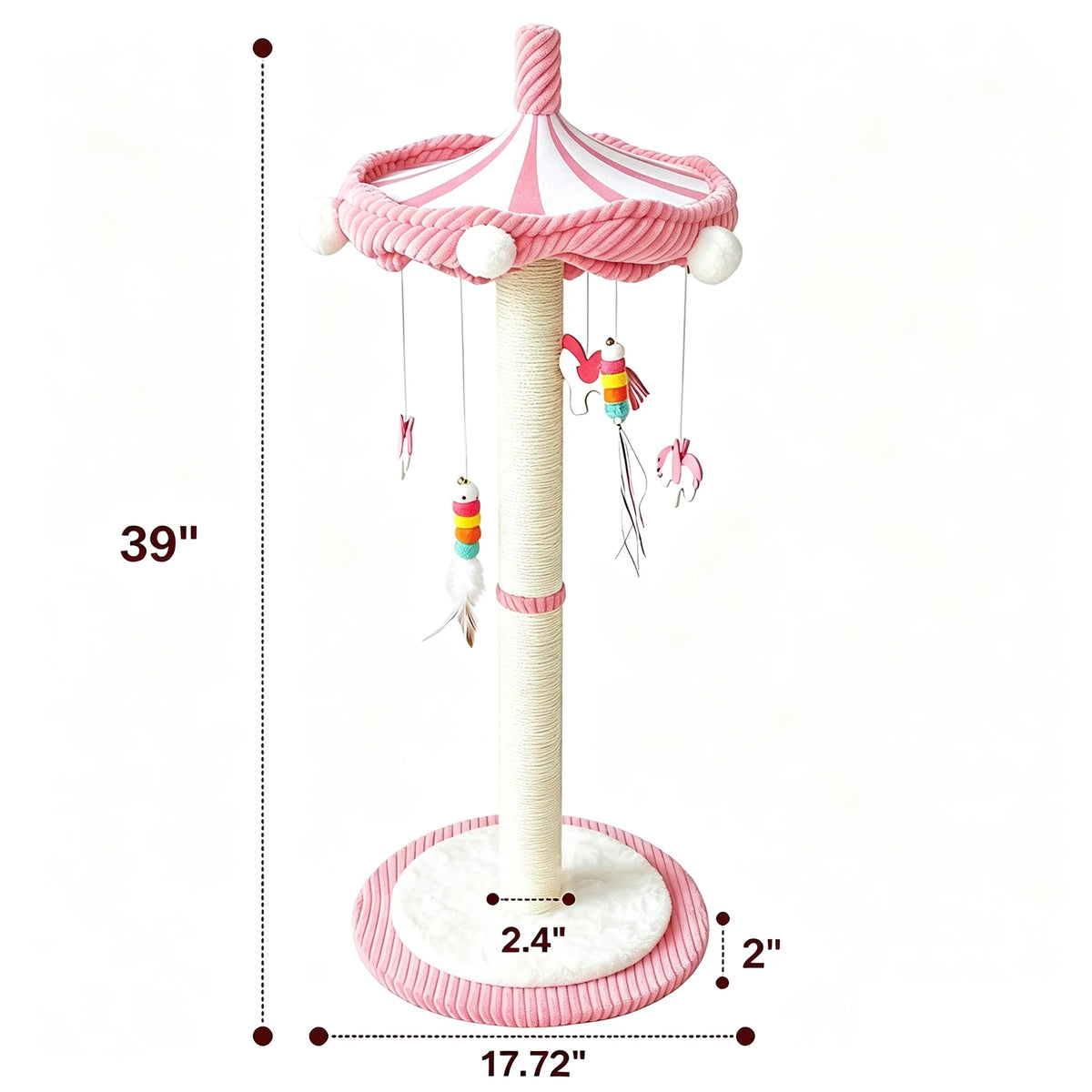 39“ Tall Carousel Cat Scratching Post with Hanging Toys Cat Tree Tower with Rotating Top 17.7" Stable Base Interactive Toys For Indoor Kittens and Adult Cats Climbing