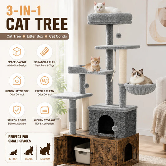 3-in-1 Modern Cat Tree with Hidden Litter Box Enclosure, Cat Condo Furniture with Scratching Post, Hammock & Platforms, Odor Control Tower for Small Spaces, Rustic Brown