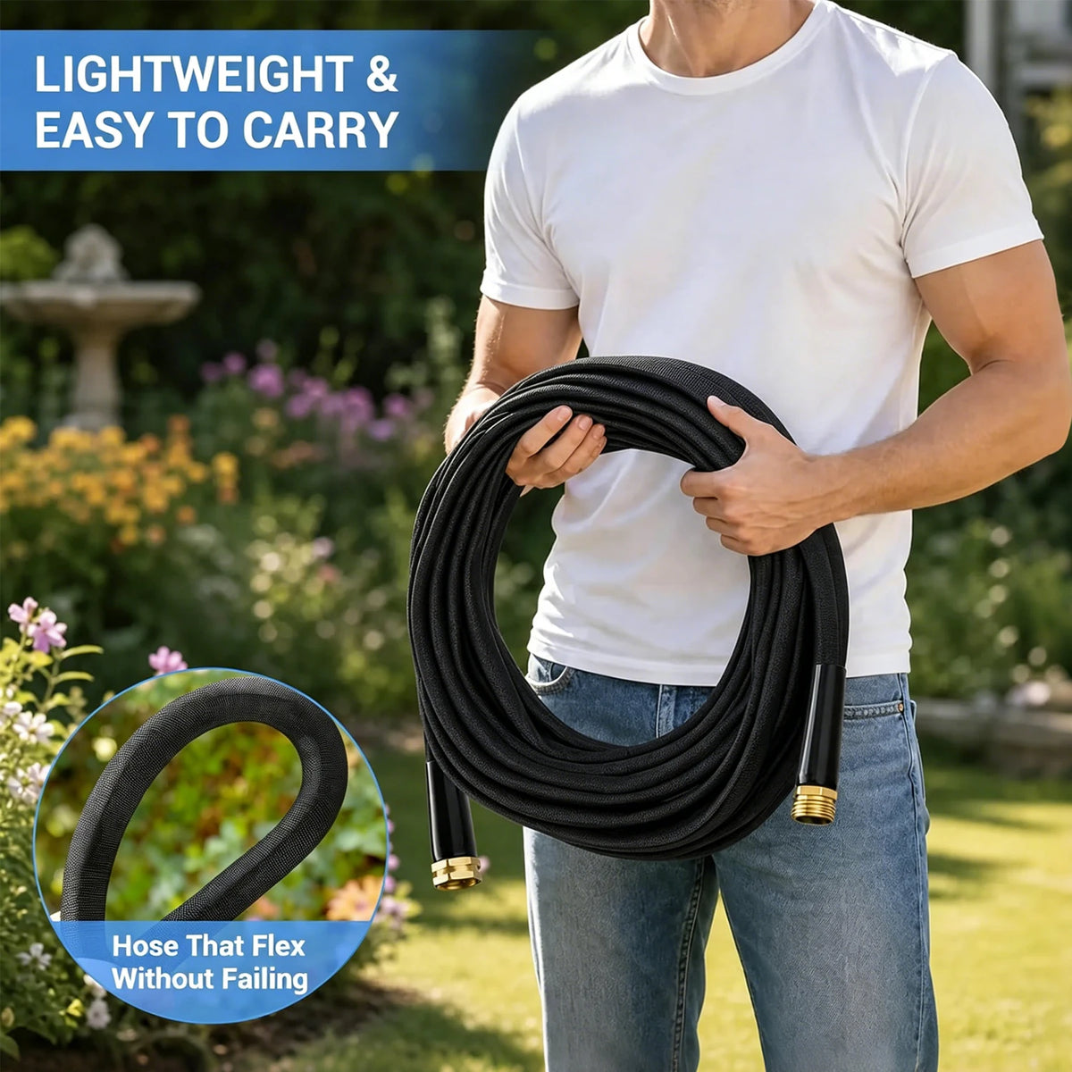 Garden Hose 25/50/75/100FT, Non-Expandable Fabric Covered Water Hose With 3/4" Fittings, Kink-Free For Outdoor Use