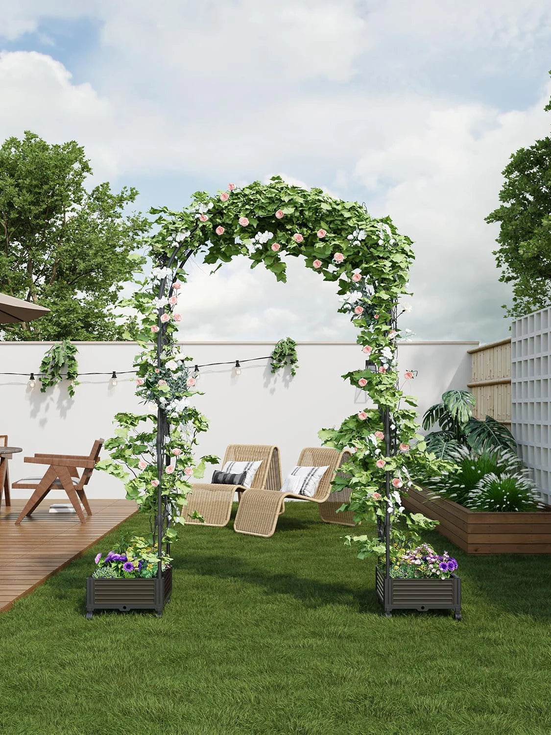Metal Garden Arbor with Planter Boxes, Raised Planter Box for Climbing Plants, 94.5" H Garden Arch Trellis for Outdoor Backyard