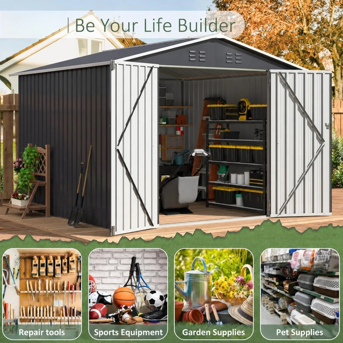 Metal Outdoor Utility Storage Shed With Lockable Garden Doors
