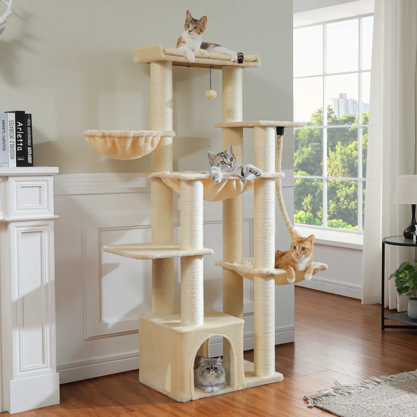 Large Cat Tree with 7 Thick Sisal Scratching Posts Big Hammocks Tall Cat Tower for Indoor Cats Large Adult with Spacious Condo