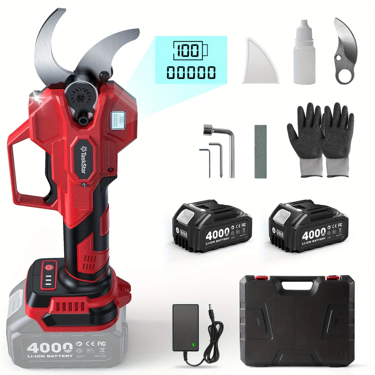 Taskstar Electric Scissors 600W Brushless Motor Cordless Pruning Shears with SK5 Blade&2 4.0Ah Battery, Max. 40mm, 0.8/1.2/1.6 Inch 3-gear Adjustable, For Pruning Tree Branches