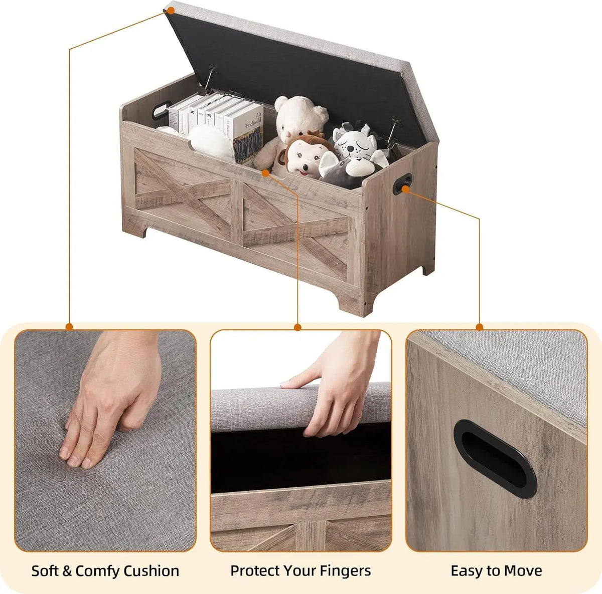 Storage Bench Storage Chest with 2 Safety Hinges Liftable top Shoe Bench Retro Wooden for Entryway Bedroom Living Room