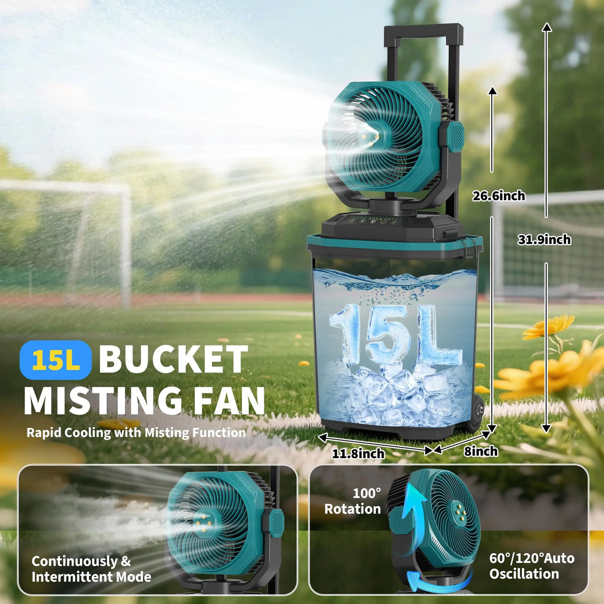 15L Portable Misting Bucket Fan 30000mAh Rechargeable Mister Fan With Remote Oscillating Wheels For Patio Beach Camping Golf
