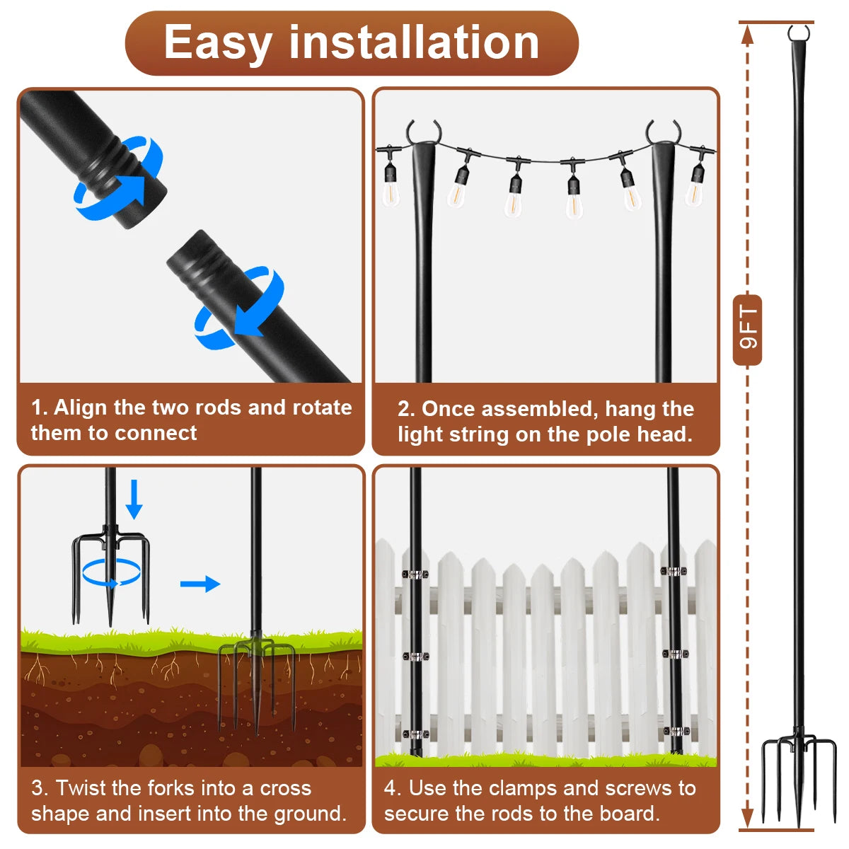 10 Feet, Patio String Lights Pole, Metal Hanging Pole for Outdoor Hanging, Suitable for Outdoor Decor Garden, Backyard, Patio, L
