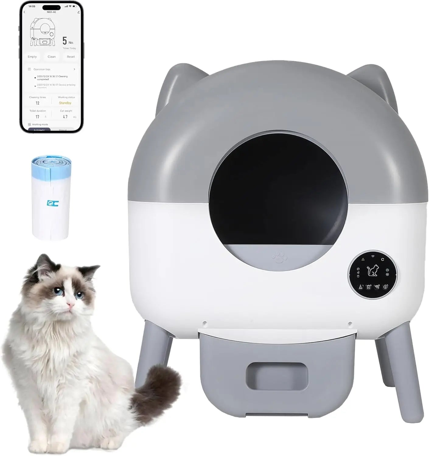 Self Cleaning Litter Box, 76L Large Capacity Automatic Cat Litter Box for Multiple Cats, Electric Cat Litters Box App Control, Multiple Safety Protection, Built-in LED Lights, 1 Roll Garbage Bags