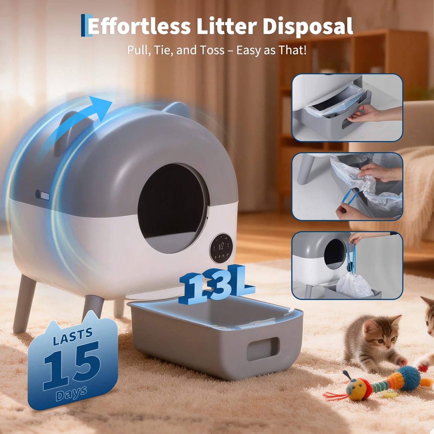 Self Cleaning Litter Box, 76L Large Capacity Automatic Cat Litter Box for Multiple Cats, Electric Cat Litters Box App Control, Multiple Safety Protection, Built-in LED Lights, 1 Roll Garbage Bags