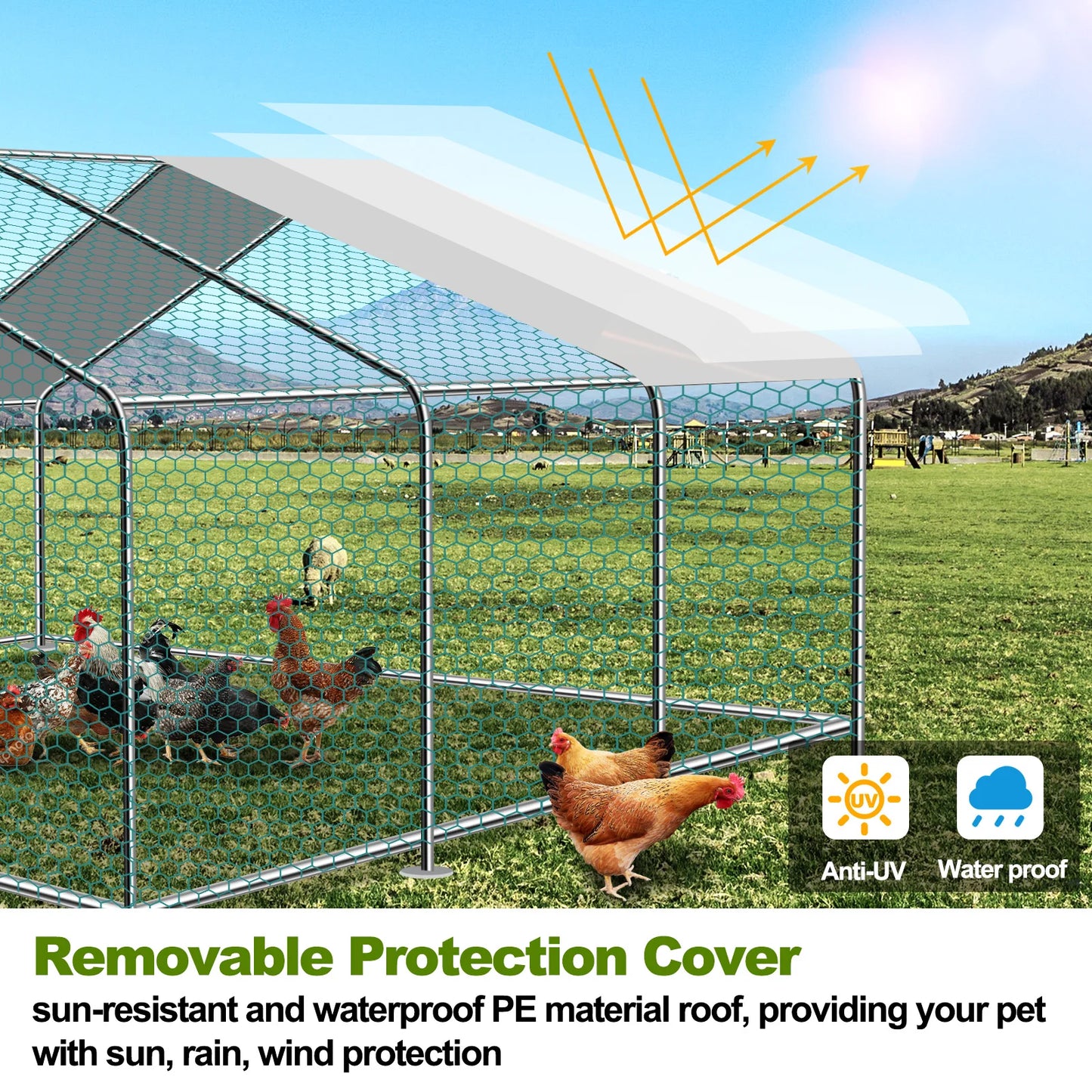 Teousev 10/13/20ft Large Metal Chicken Coop Walk-In Run with Peaked Roof, Outdoor Poultry Cage Hen House for Farm Backyard
