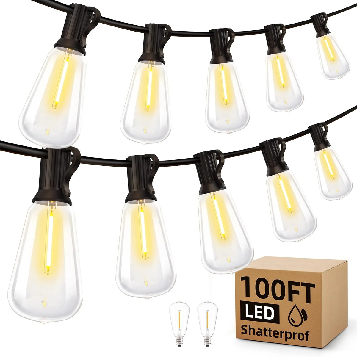 200FT LED Outdoor String Lights Dimmable Waterproof ST38 LED Shatterproof Bulbs Outside Hanging Light for Porch Garden Decor