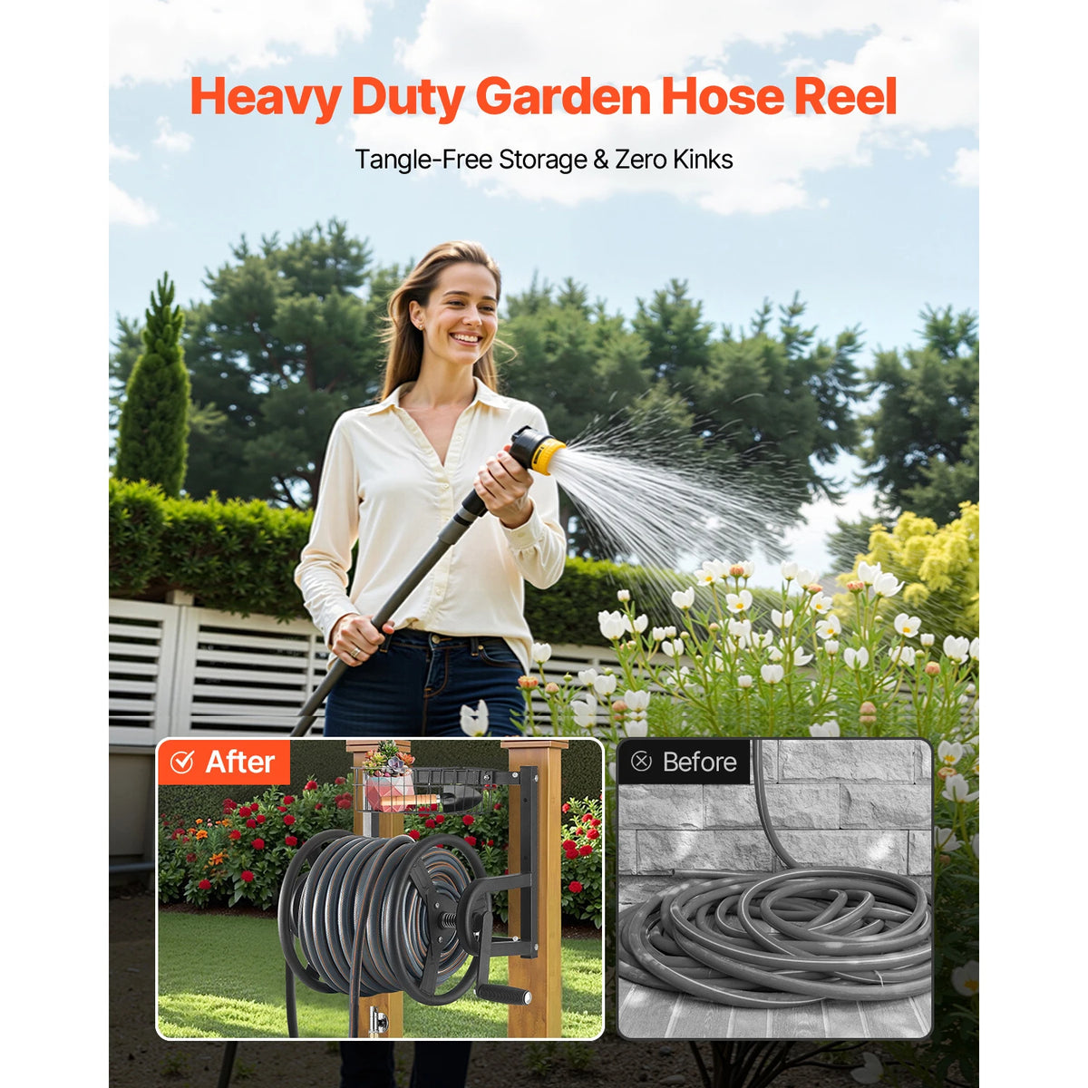 SucceBuy Wall Mounted Garden Hose Reel Holds 125ft 5/8-in Heavy-Duty Water Winder Outdoor Manual Reel w/Brass Fitting and Basket
