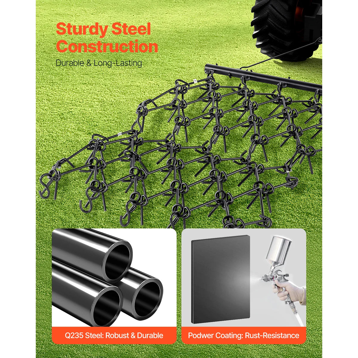 SucceBuy Drag Harrow 4 x 4ft Durable Chain Harrow with 69 Sharp Teeth for ATV UTV Tractor for Soil Preparation Seeding Smoothing