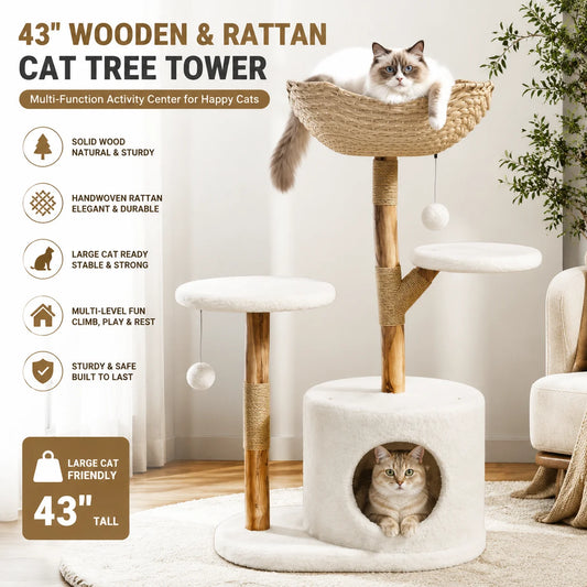 43 Inch Wooden Cat Tree Tower with Rattan, Large Cat Climbing Furniture, Multi-Level Activity Center with Perches, Sturdy Indoor Pet Furniture for Cats, Floor Mount