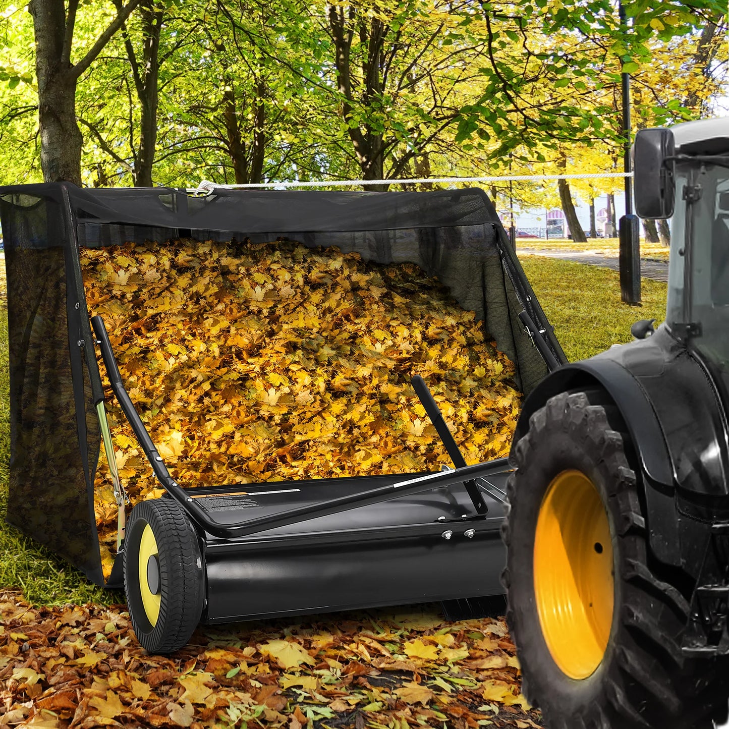 42 Inch 44 Inch Lawn Sweeper Tow Behind, 24 cu.ft. Large Pull Behind Grass Sweeper, Heavy Duty Leaf & Grass Collector with Dumping Rope Design, Adjustable Sweeping Height for Picking Up Debris & Grass