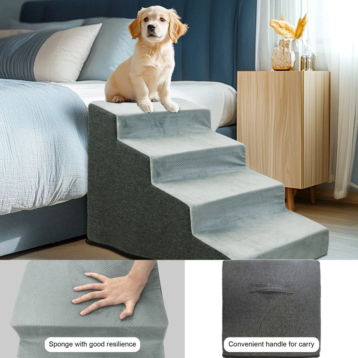 3/4 Step Dog Stairs With Washable Cover And Non-Slip Base