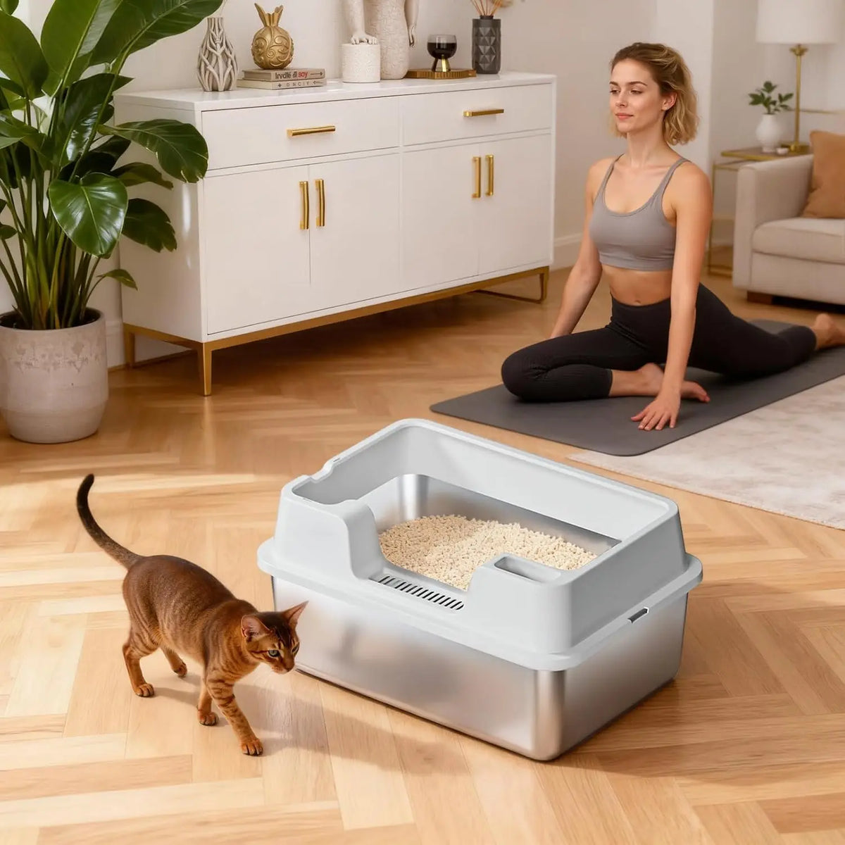 Extra Large Enclosed Stainless Steel Cat Litter Box,Metal Litter Pan High Wall Sides & Non-Stick Bottom Easy to Clean for Cats