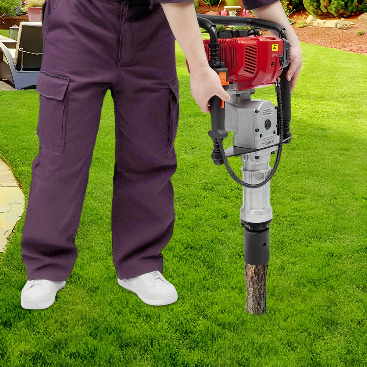 52CC 2-Stroke Gas Post Driver with Anti-Vibration Handle, Heavy Duty Impact Driver for Fencing Construction, Quick Change 2 Socket Sizes for T-Post Wood Post Agricultural Piling Work