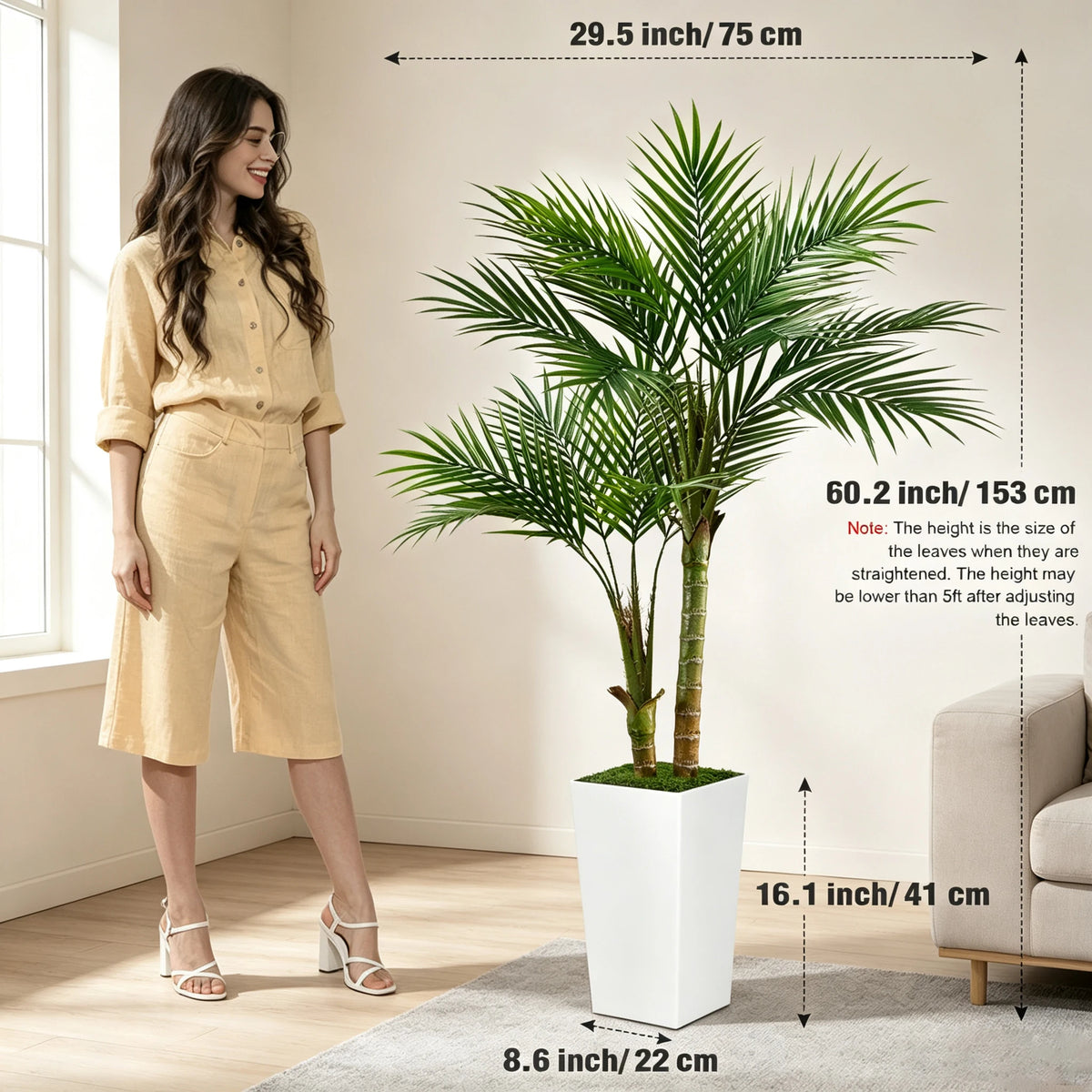 60inch Artificial Areca Palm Tree Fake Palm Tropical Plants with White Tall Planter, Faux Floor Silk Plant in Pot, Large Trees for Home Office Living Room Decor House Warming, Indoor Outdoor