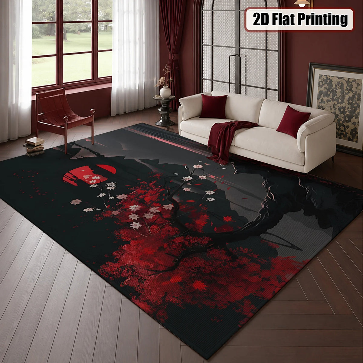 Machine Washable Velvet Japanese Cherry Blossom Mountain Area Rug