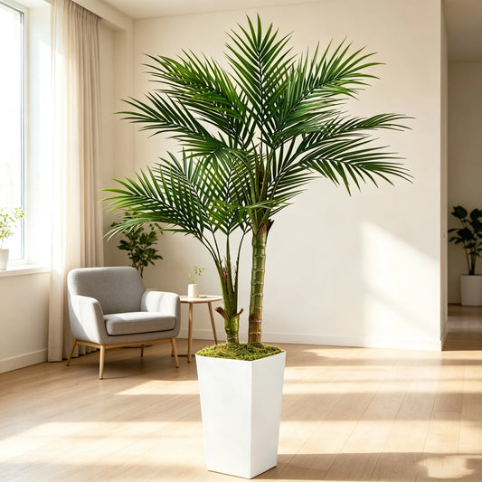60inch Artificial Areca Palm Tree Fake Palm Tropical Plants with White Tall Planter, Faux Floor Silk Plant in Pot, Large Trees for Home Office Living Room Decor House Warming, Indoor Outdoor