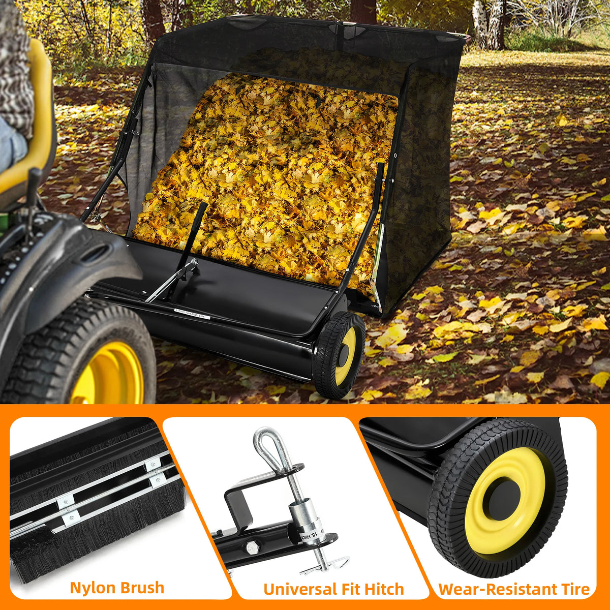 42 Inch 44 Inch Lawn Sweeper Tow Behind, 24 cu.ft. Large Pull Behind Grass Sweeper, Heavy Duty Leaf & Grass Collector with Dumping Rope Design, Adjustable Sweeping Height for Picking Up Debris & Grass