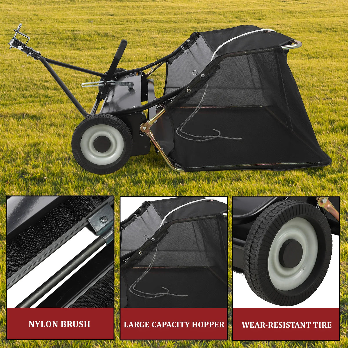 42 Inch 44 Inch Lawn Sweeper Tow Behind, 24 cu.ft. Large Pull Behind Grass Sweeper, Heavy Duty Leaf & Grass Collector with Dumping Rope Design, Adjustable Sweeping Height for Picking Up Debris & Grass
