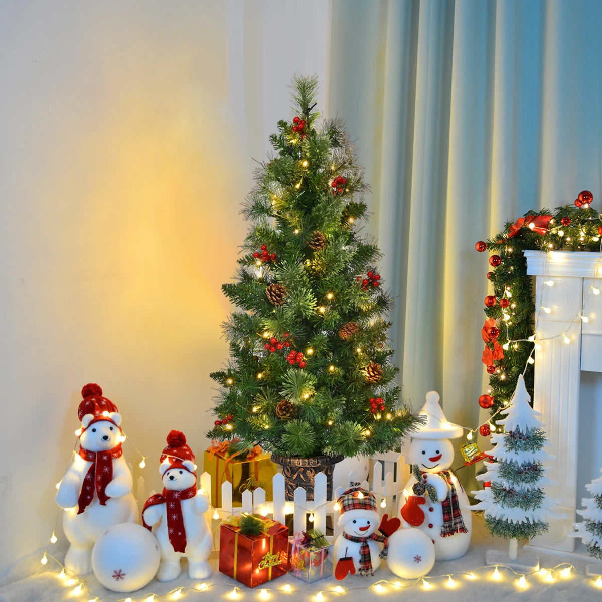 3/ 4/ 5Ft Pre-Lit PVC Artificial Christmas Entrance Tree w/ Clear Light &Gold Urn Base