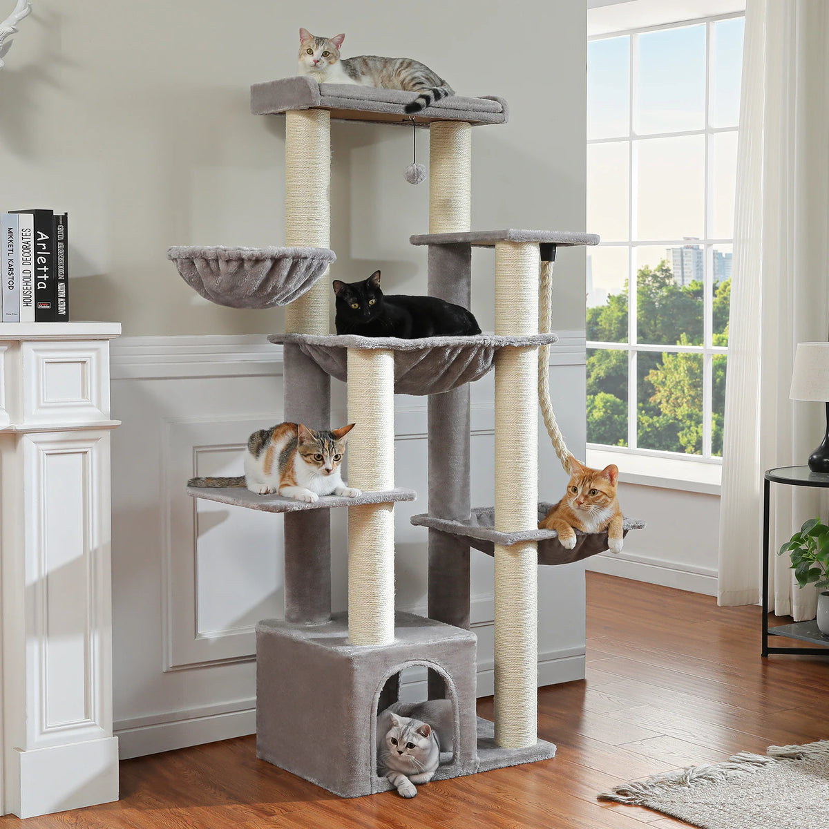 Large Cat Tree with 7 Thick Sisal Scratching Posts Big Hammocks Tall Cat Tower for Indoor Cats Large Adult with Spacious Condo