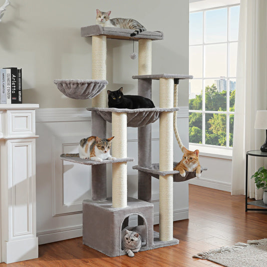 Large Cat Tree with 7 Thick Sisal Scratching Posts Big Hammocks Tall Cat Tower for Indoor Cats Large Adult with Spacious Condo