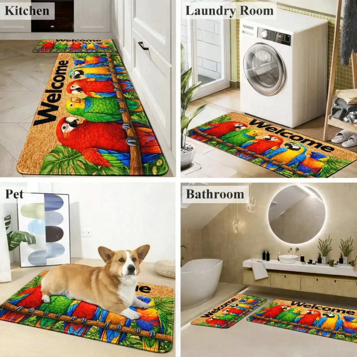 Tropical Parrot Welcome Doormat With Anti Slip Dirt Trapping Design