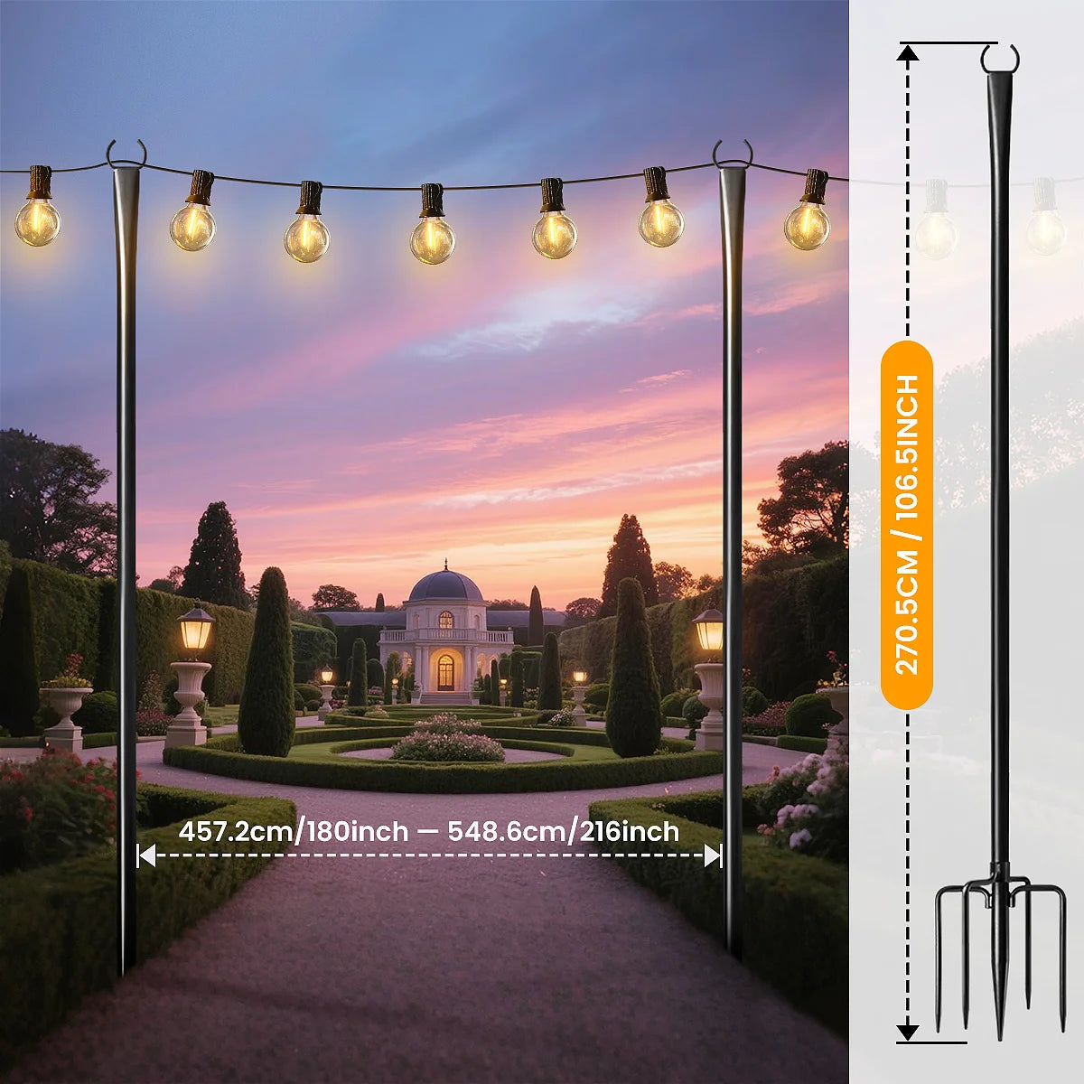 10 Feet, Patio String Lights Pole, Metal Hanging Pole for Outdoor Hanging, Suitable for Outdoor Decor Garden, Backyard, Patio, L