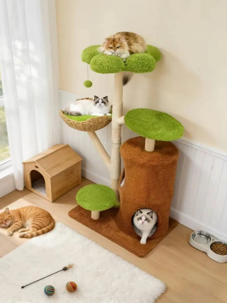 Large Cat Tree Tower Pet Cat Activity Center Scratching Post Cat Condo House Solid Wooden Cat Furniture