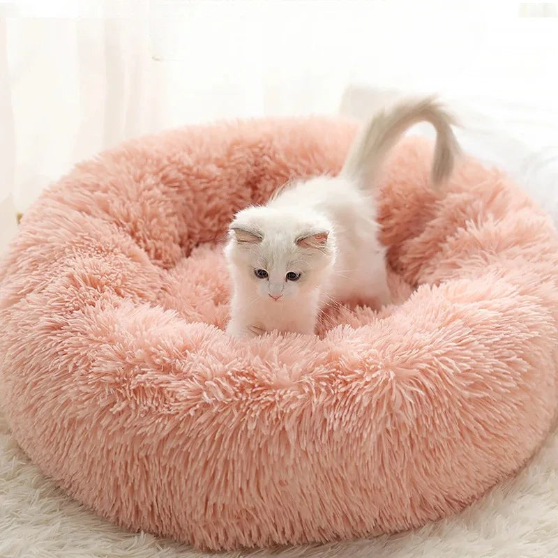 Soft Pet Cat Bed Pad Plush Warm Faux Fur Dog Calm Bed Donut Round Bed Comfortable Sleeping Washable for Small Medium Dog and Cat