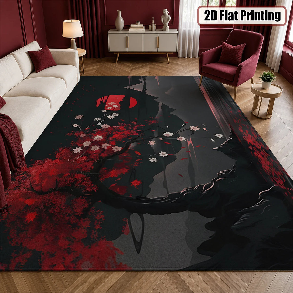 Machine Washable Velvet Japanese Cherry Blossom Mountain Area Rug