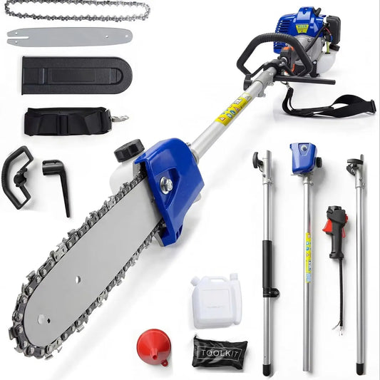 52/43 CC Gas Powered Pole Saw 2-Stroke Chainsaw 12" Bar 2.0HP 3000RPM Tree Trimmer Pruner 16ft Reach 1200ml Tank Shoulder Strap Ergonomic Handle for Garden Orchard Branch Cutting Logging Heavy Duty High Reach Landscaping Hedg