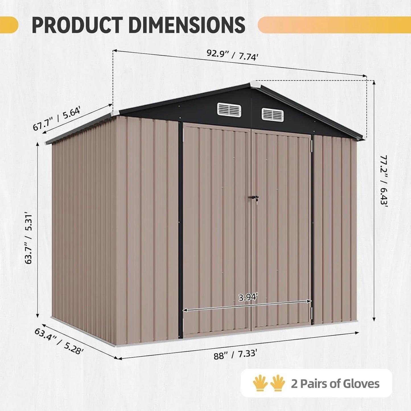 Galvanized Steel Outdoor Storage Shed With Double Doors And Ventilation