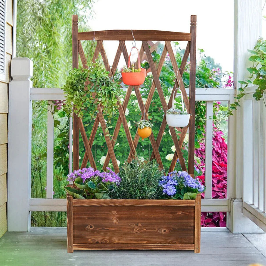 Elevated Wooden Garden Planter Box With Trellis For Outdoor Herbs
