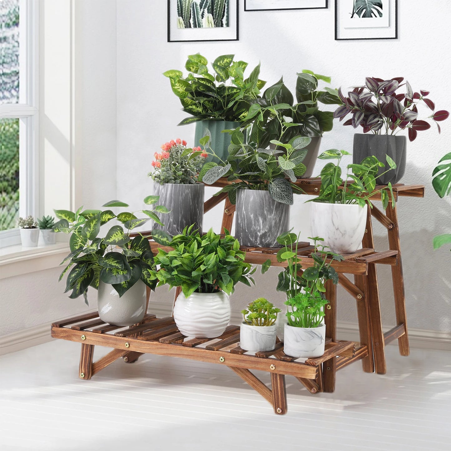 3 Tier Ladder Shelf Wood Plant Stand for Garden Balcony Living Room Plant Display Rack Flower Pot Holder Planter Organizer