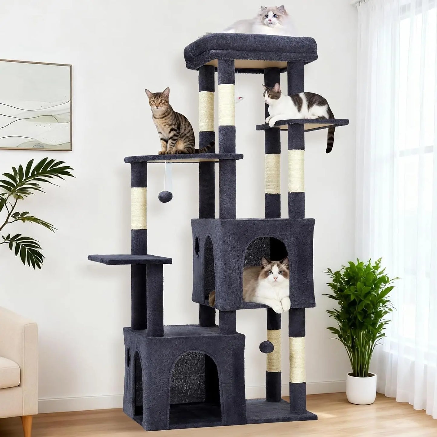 61 Inch Large Cat Tree Tower with 7 Scratching Posts 2 Cat Condos Top Perch Multi Level Cat Climbing Tree Furniture with Hanging Toys Anti Toppling Design for Indoor Cats Multi Cat Homes