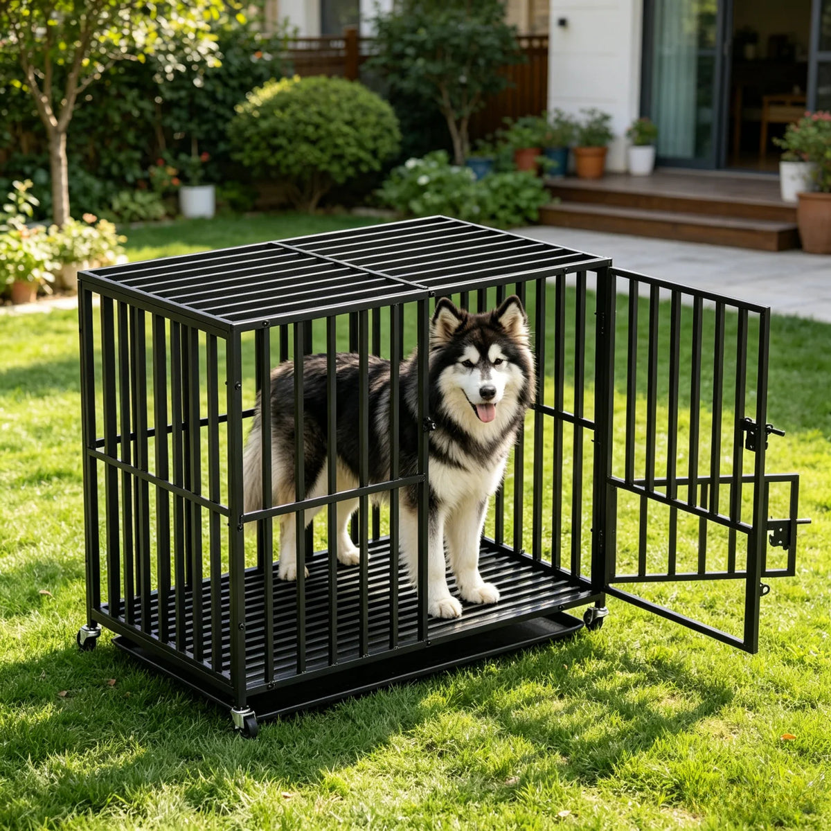 BINGOPAW Heavy Duty Dog Crate With Tray And Lockable Wheels