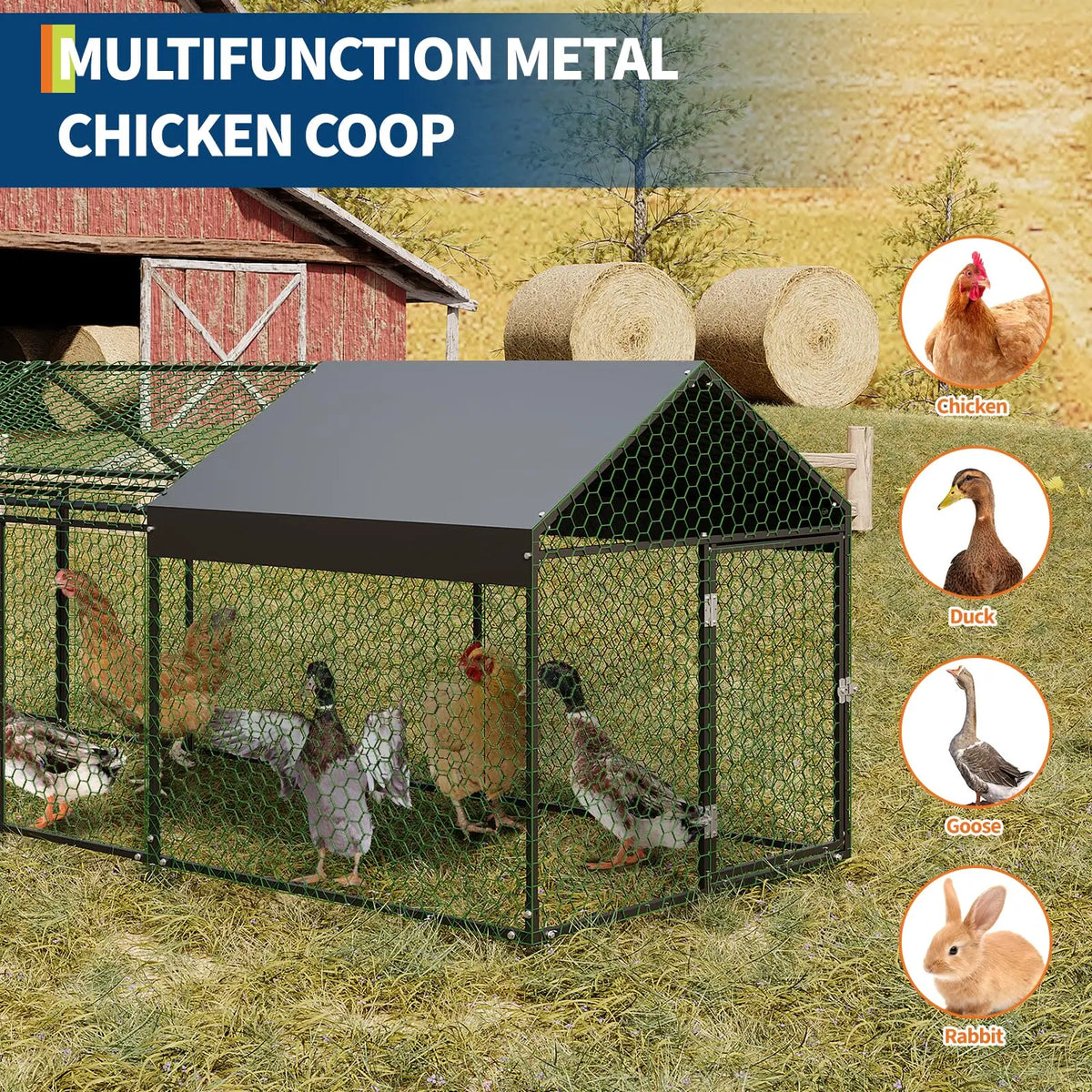 Metal Chicken Coop Heavy Duty Walk-in Chicken Runs with Doors and Anti-Uv Cover,Portable Poultry Cage Hen House Outdoor Backyard