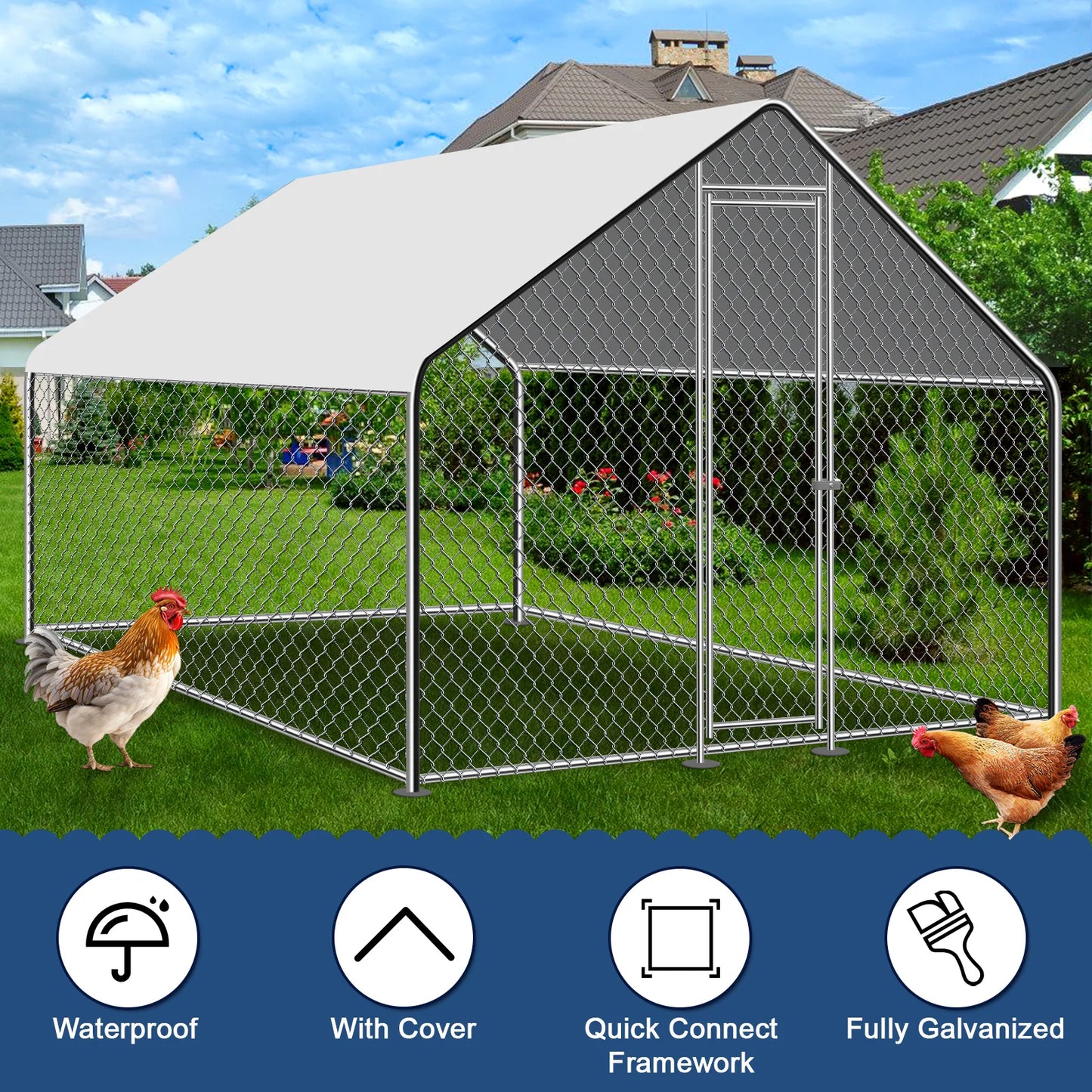 10/13/20ft Large Metal Chicken Coop Walk-In Run with Peaked Roof, Outdoor Poultry Cage Hen House for Farm Backyard