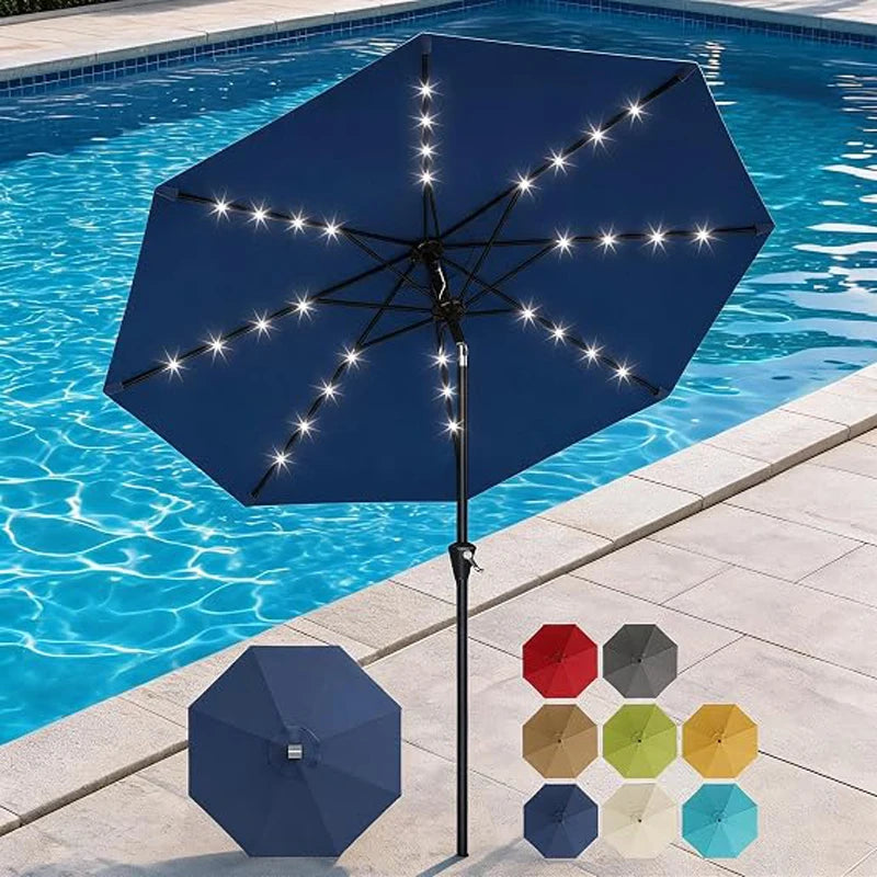 9FT Solar Patio Umbrella with 32 LED Lights – Outdoor Waterproof Market Umbrella, Crank Lift & Push Button Tilt, UV Protection Sun Shade for Patio, Garden, Deck, Pool