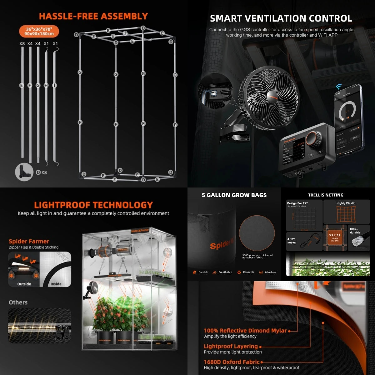 2026 Spider Farmer 0.9x0.9x1.8m Smart Complete Grow Tent Kit+G3000 300W LED Grow Light+6” Clip Fan+GGS for Home Grow