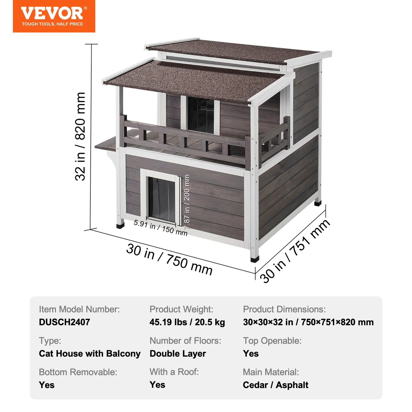 Weatherproof Two Story Wooden Outdoor Cat Shelter With Balcony