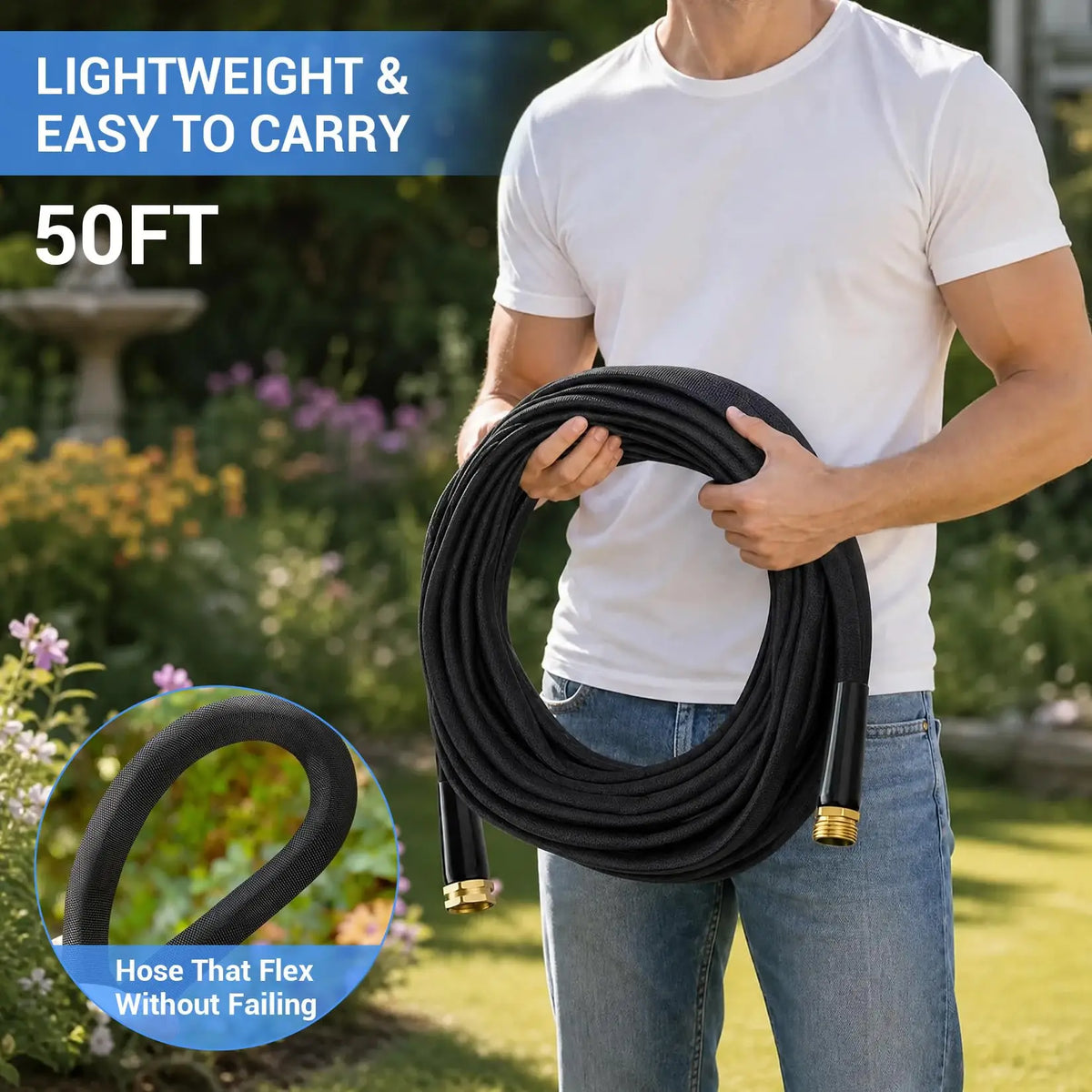 Non Expandable Fabric Covered Garden Hose With 3/4 Inch Copper Plated Aluminum Fittings Burst Proof PVC Inner Core For Garden Watering Car Washing And Outdoor Use