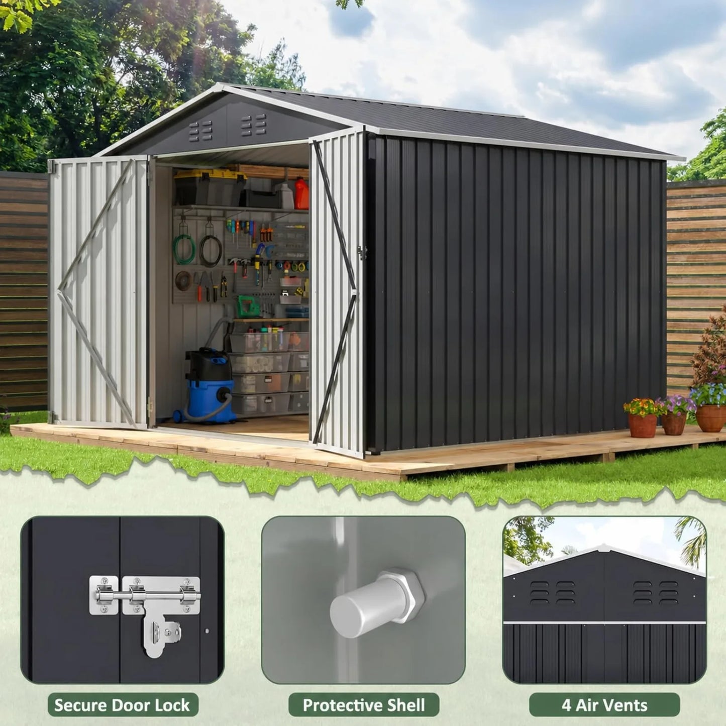 Metal Outdoor Utility Storage Shed With Lockable Garden Doors